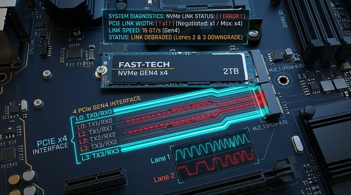 M.2 NVMe Degradacja Magistrali PCIe — Schemat Diagnostyczny