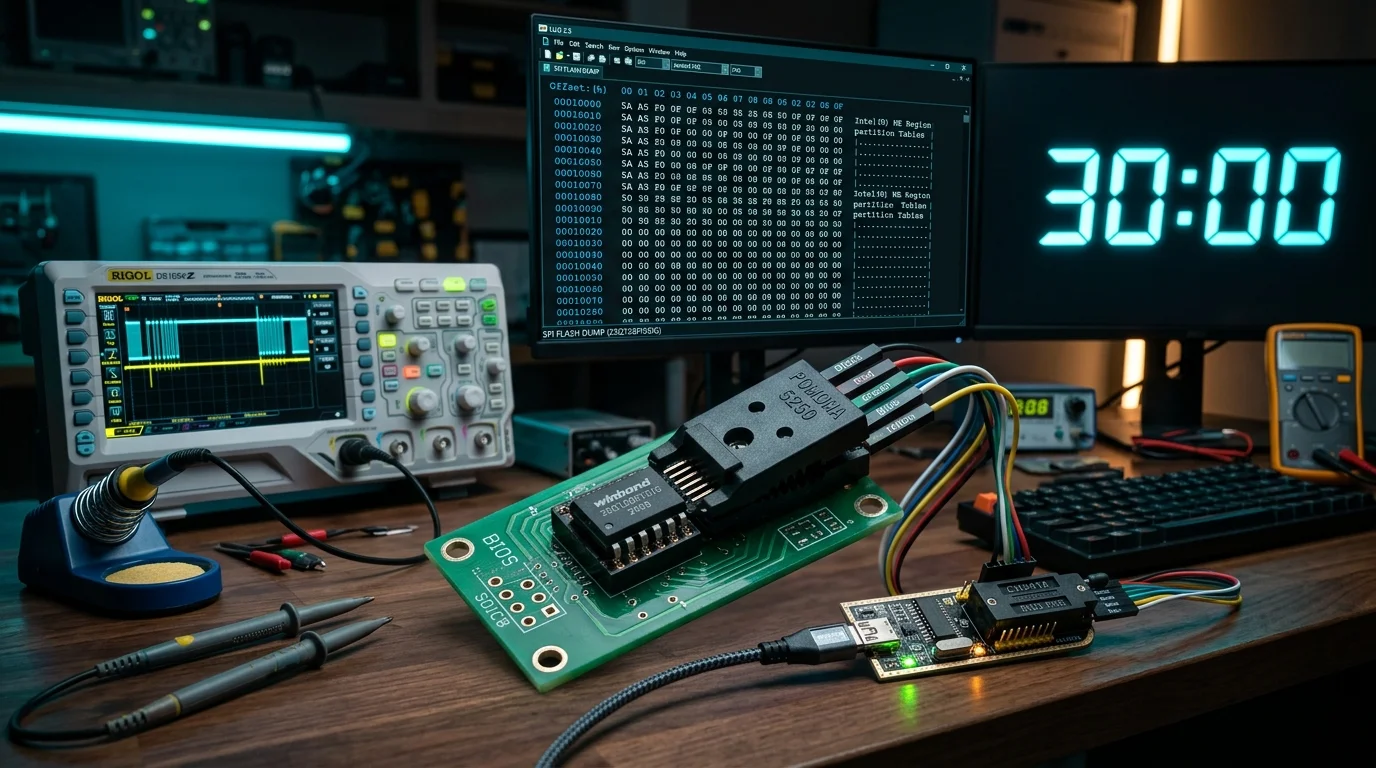 Stanowisko laboratoryjne z kością flash SPI, programatorem CH341A i licznikiem wyłączenia 30:00